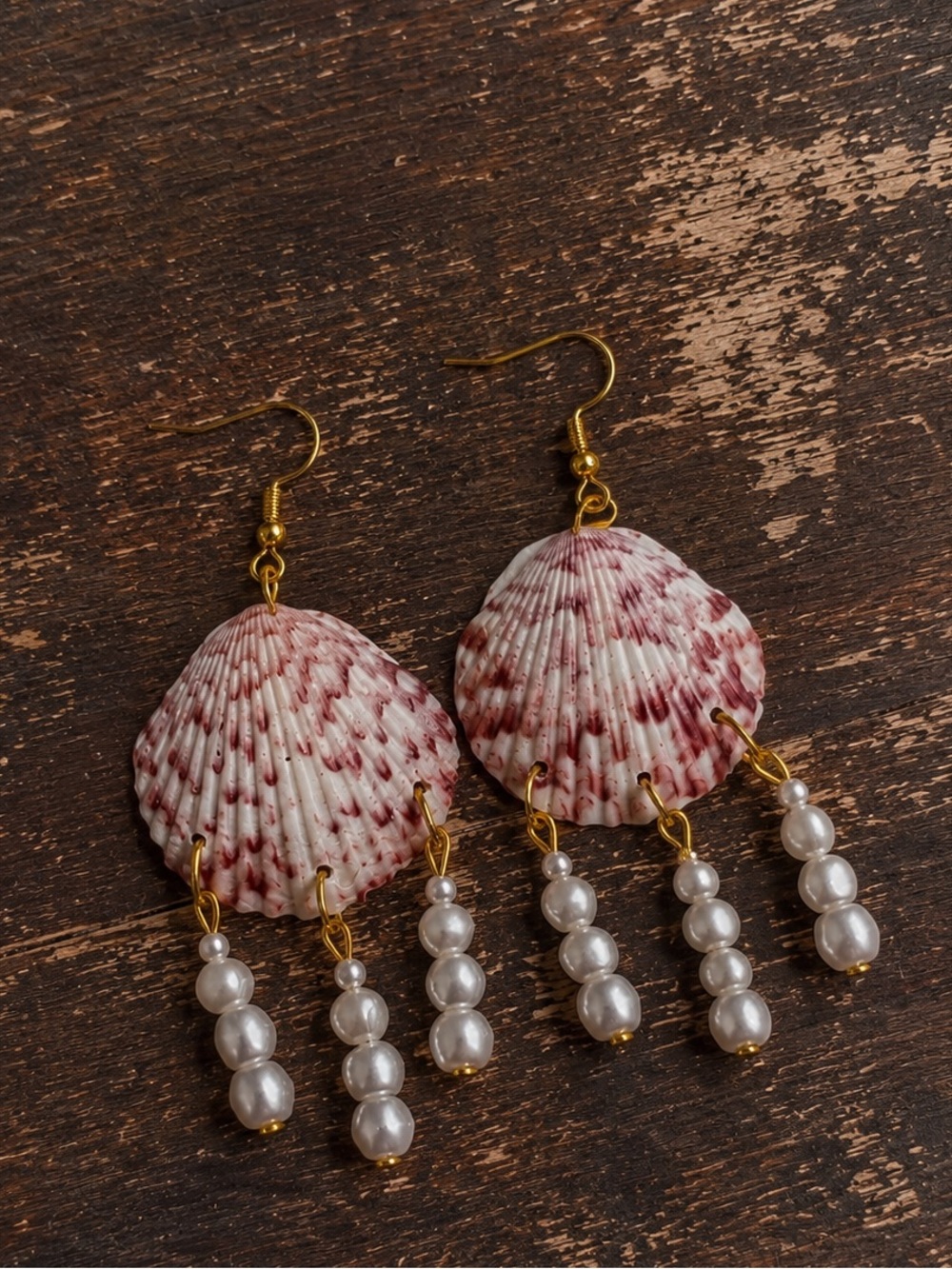 Pink Calico Scalllop Shell and Pearl Drop Karena Earrings ~ Handmade - Picture 2 of 2